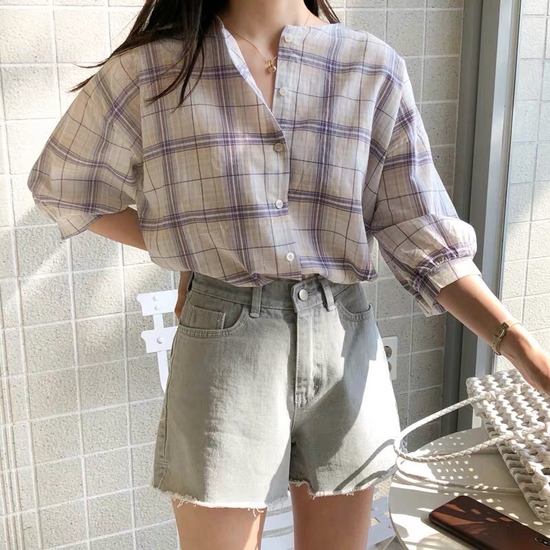 Áo sơ mi kẻ nữ cổ tàu style ulzzang