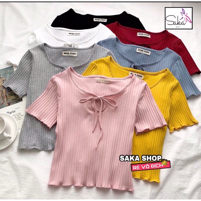 Áo thun buộc nơ cuốn biên vải đẹp màu pastel