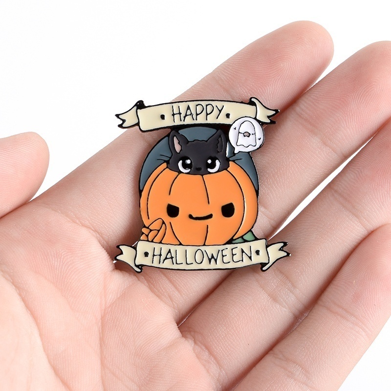 Ghim cài áo QIHE JEWELRY tráng men hình bí ngô mèo đen bóng ma trang trí Halloween vui nhộn
