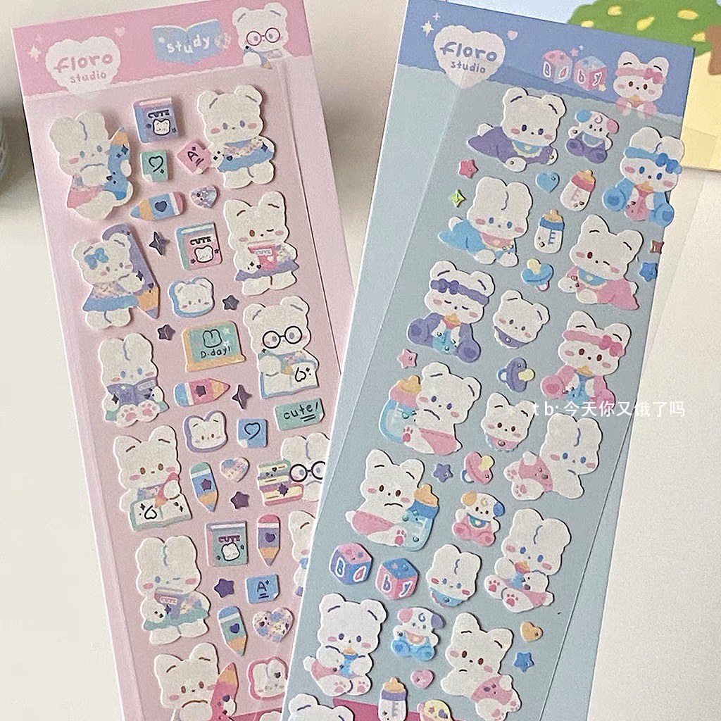 Sticker gấu mặt trăng cầu vồng, xanh hồng, pastel trang trí keyring, sổ tay, bullet journal, top loader decor