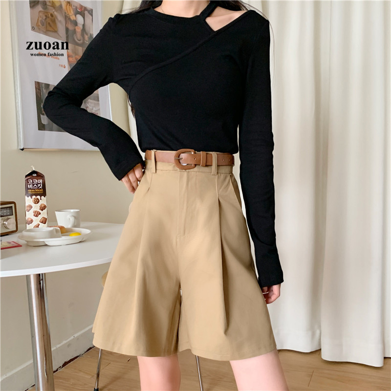 SUXI Quần Short Lưng Cao Màu Trơn Cho Nữ