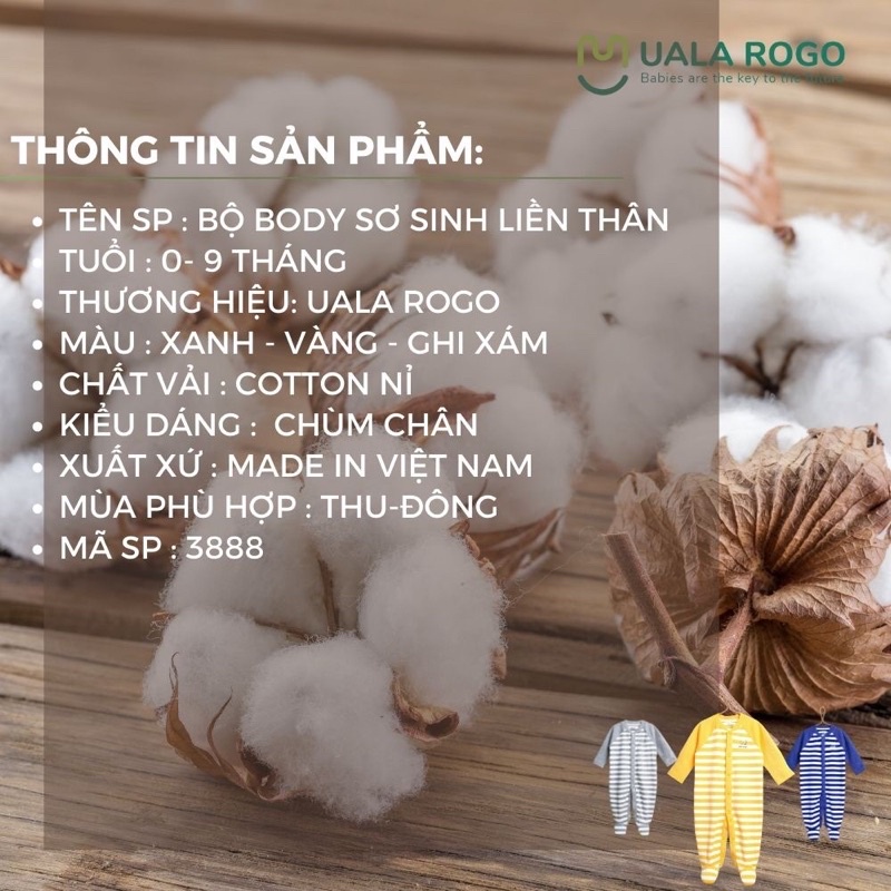 Body cho bé Ualarogo 0-9 tháng liền thân chùm chân cotton nỉ giữ ấm co giãn thấm hút tốt ur 3888