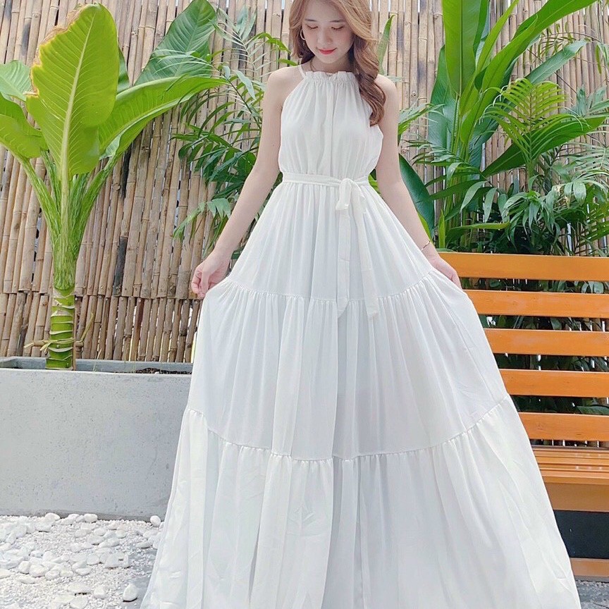 Đầm Maxi hai dây yếm, đầm đi biển, dáng dài, xếp tầng, mê mẩn em này luôn VINTAGE STORE