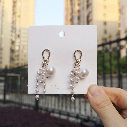 Korean Sweet Fashion Women Crystal Pearl Tassel Pendant Earrings Women Anting Studs