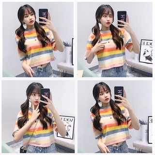 Áo croptop ngắn tay sọc CẦU VỒNG HOA CÚC NGỰC thun cotton mát