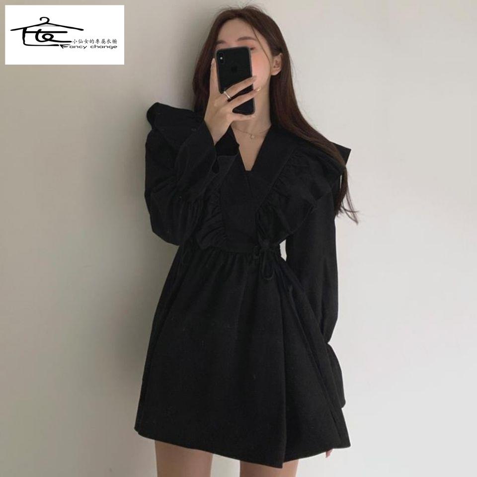 Đầm Ngắn Tay Loe Cổ Chữ V Thắt Eo Thời Trang Xuân Thu Phong Cách Mới