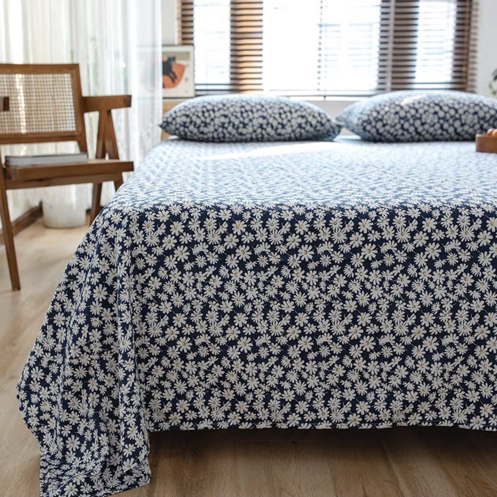 Bộ Chăn Ga Gối 3 Món Cotton 100%, Drap Giường + 2 Vỏ Gối Thoáng Mát Bốn Mùa - Hoa Nhí