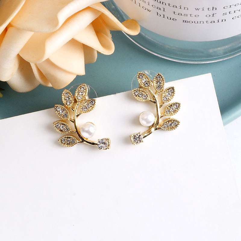 Bông tai mạ bạc 925 hình chiếc lá đính ngọc trai nhân tạo thời trang