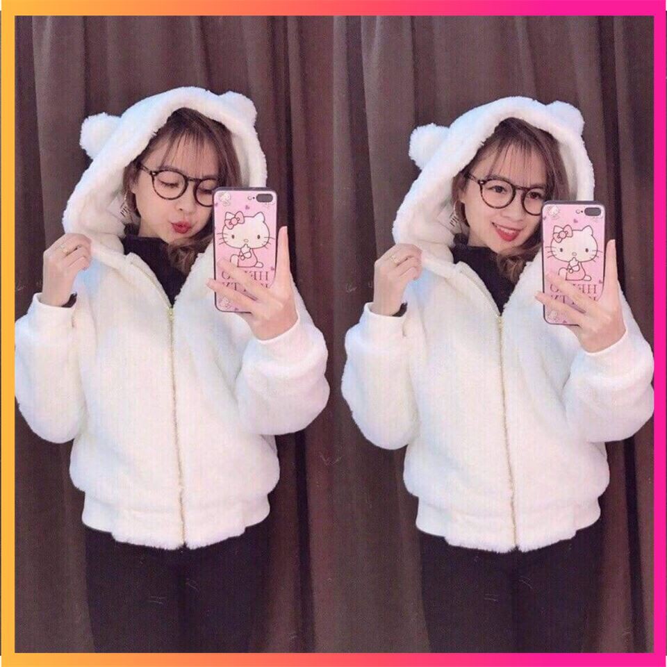 ÁO KHOÁC LÔNG TAI GẤU KÈM QUẢ BÔNG HOT