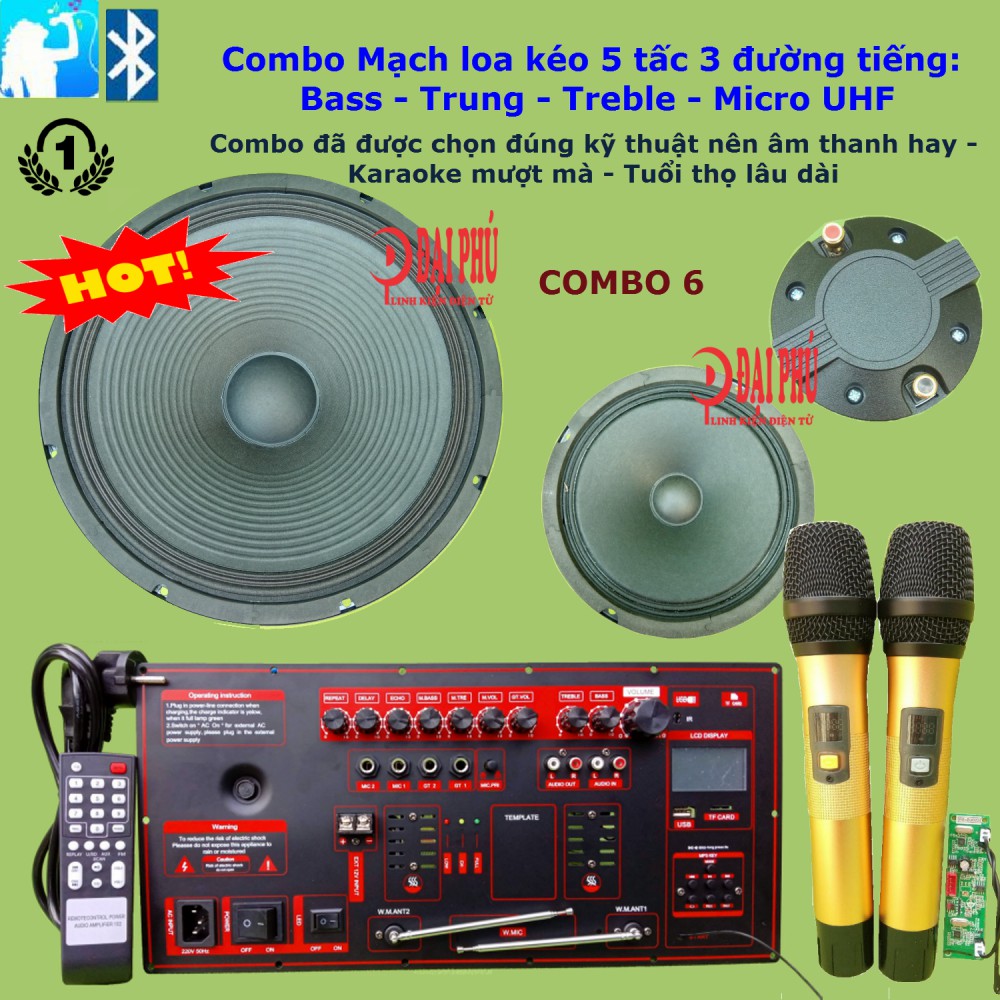 Combo Bộ Mạch loa kéo công suất lớn 5 tấc 3 đường tiếng Bass Trung Treble