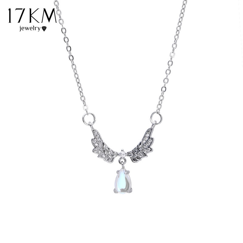 Dây chuyền 17KM mạ bạc mặt đá pha lê nhiều màu sắc và đôi cánh thiên thần thời trang cho nữ