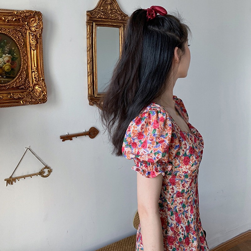 Váy body Tay Ngắn Cổ Vuông In Họa Tiết Hoa Quyến Rũ Phong Cách Hàn Quốc Dành Cho Nữ