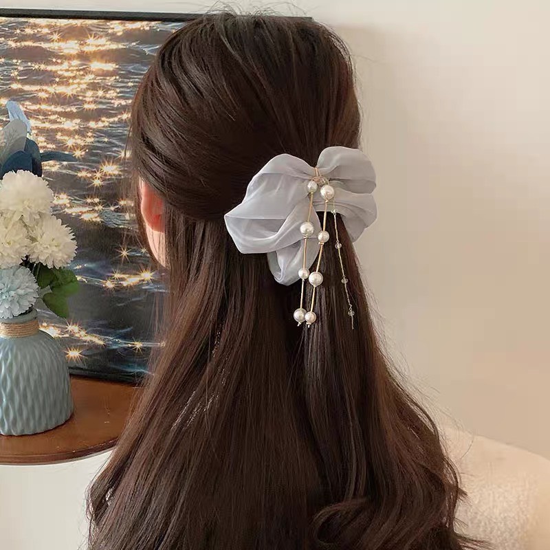 Cột tóc vải scrunchies đính dây ngọc hàn quốc dây buộc tóc scrunchies nhiều màu
