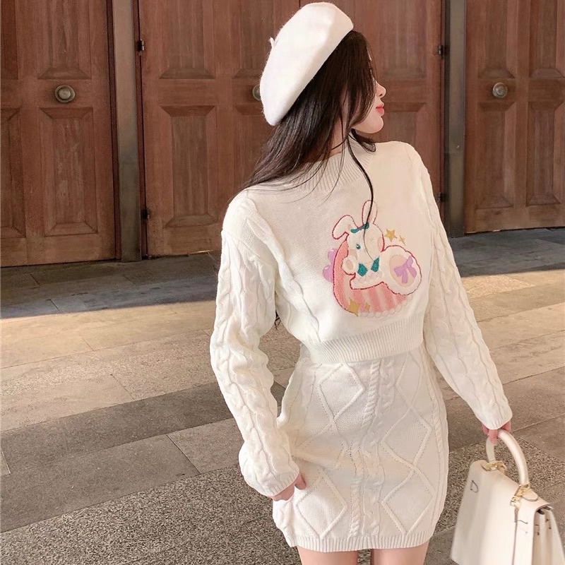 Set áo croptop dài tay+váy len hình thỏ bunny đáng iu xinh xắn phong cách ulzzang Hàn Quốc SAM SAM BOUTIQUE