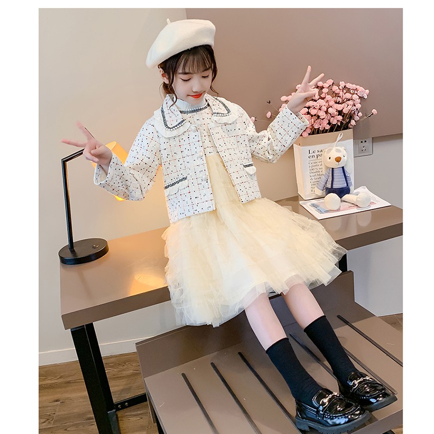 Váy thu đông bé gái chất dạ phối ren tầng xinh xắn tặng kèm áo khoác siêu đẹp size 14-32kg [SV07]