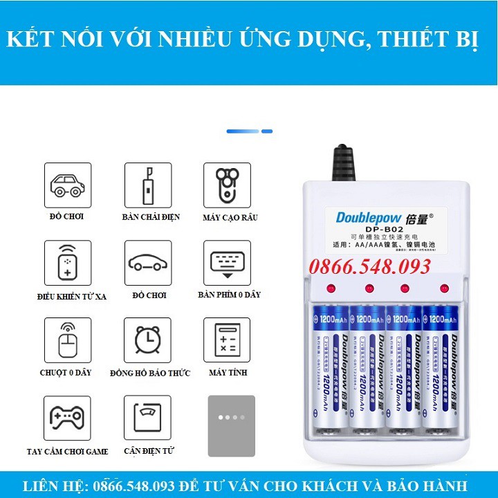 Bộ sạc pin tiểu đa năng 4 cổng Doublepow DP-B02 Tặng 4 pin tiểu AA1200 + Hộp nhựa đựng pin