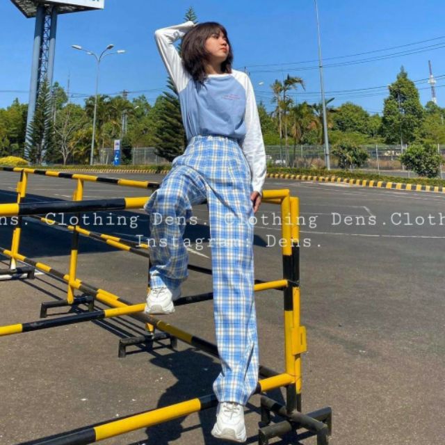 Quần cul ống rộng kẻ sọc caro cạp cao cúc giả - quần ống sớ kẻ caro nữ | BigBuy360 - bigbuy360.vn