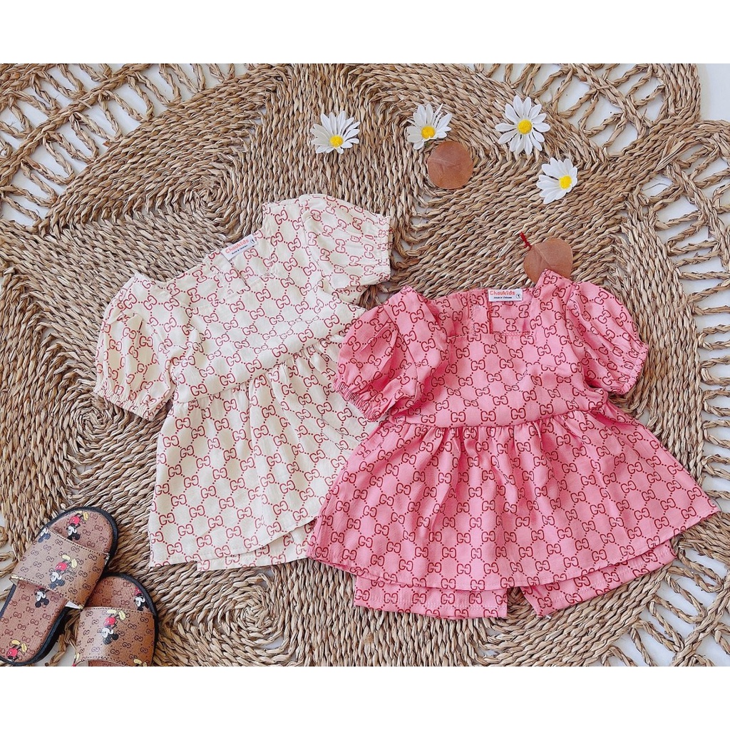 Bộ cộc tay bé gái, cặp bộ Gucc in tràn dáng babydoll tay bồng cho bé