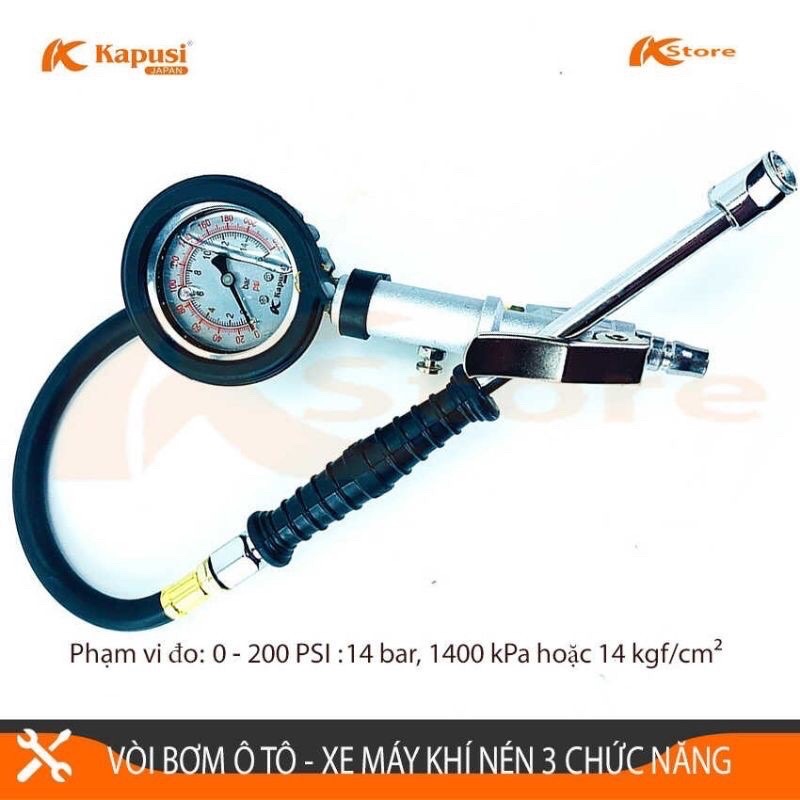 Bơm ô tô - xe máy khí nén 3 chức năng Kapusi có đồng hồ đo áp suất lốp