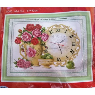 Tranh thêu chữ thập bình hoa đồng hồ la mã (chưa thêu) Y8050