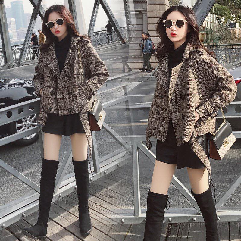 Ulzzang Áo Dạ Kẻ Dáng Ngắn CP09