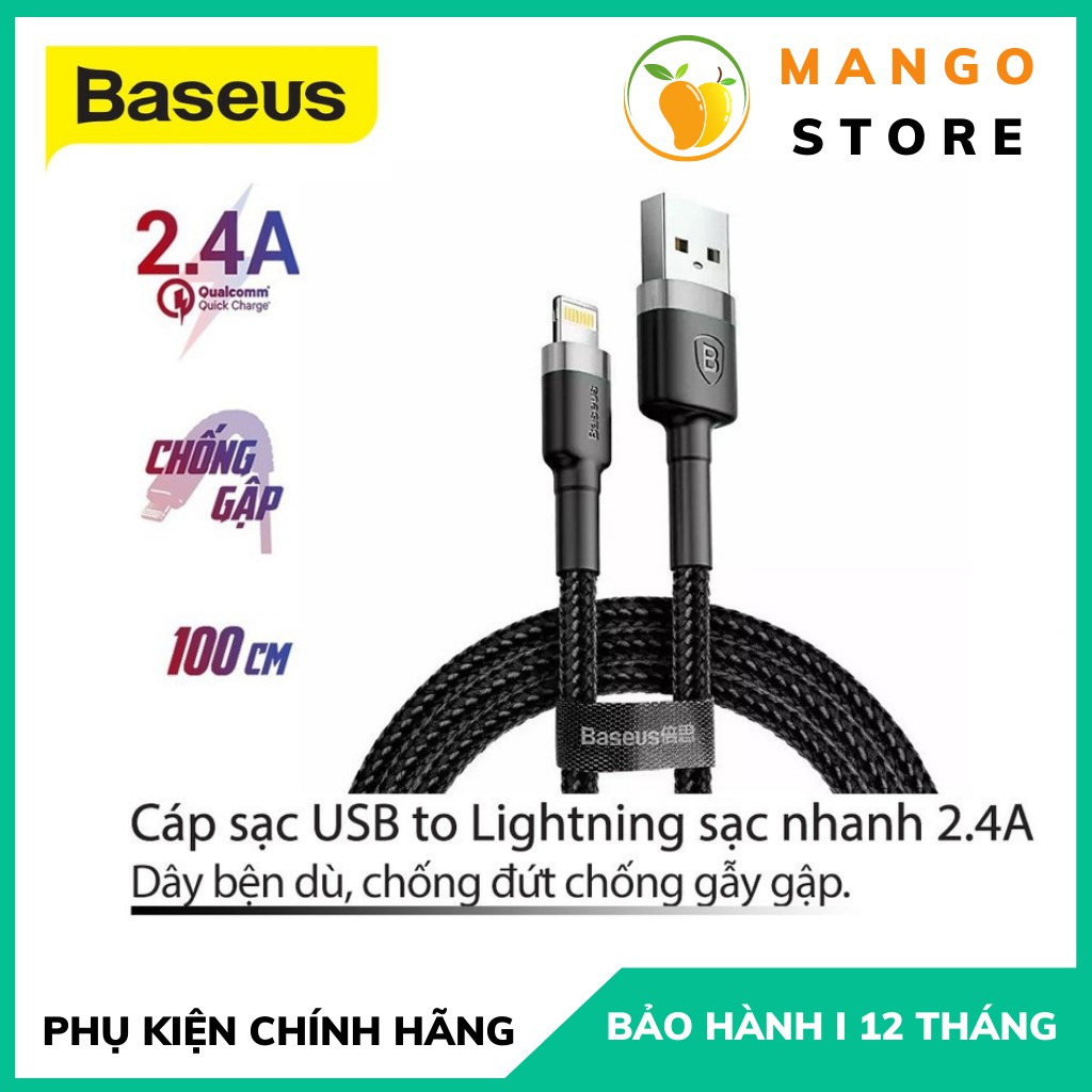 Cáp sạc nhanh iPhone Sạc Nhanh 2.4A Dây bọc dù chống gẫy gập Hỗ trợ tryền dữ liệu Dài 1M/2M Chính hãng Baseus