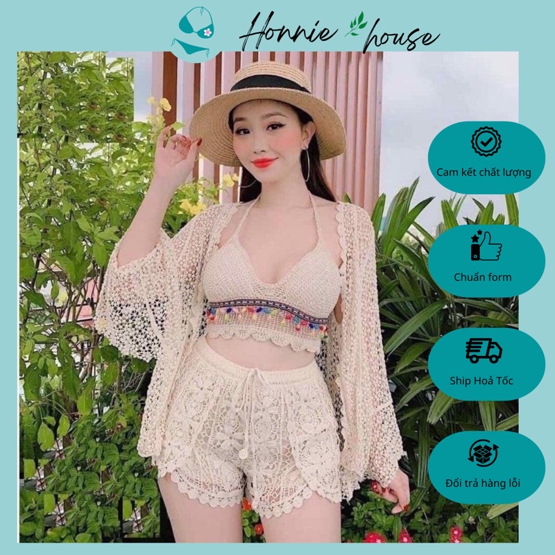 Ren 03-Sét Bikini đi biển 3 món áo bra hạt-quần sóc ren- choàng ren( có tách rời)
