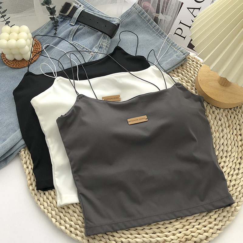 Áo Croptop Sát Nách Màu Sắc Đơn Giản Có Mút Đệm Ngực Phong Cách Hàn Quốc Cho Nữ