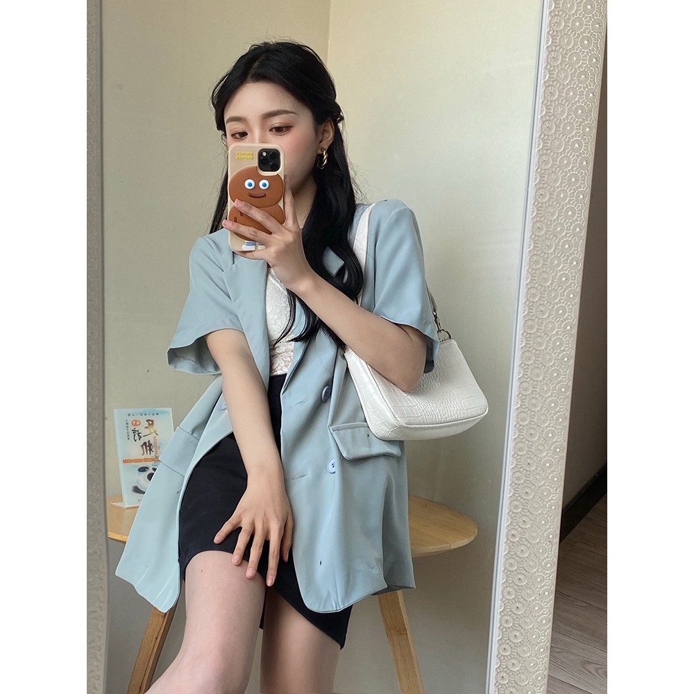 Xiaozhainv Áo khoác blazer tay ngắn form rộng màu trơn phong cách Hàn Quốc thanh lịch cho nữ | BigBuy360 - bigbuy360.vn