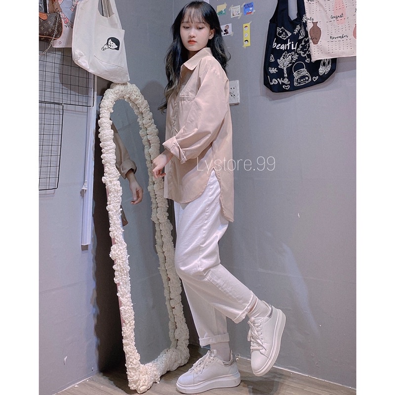 [Mã FAMARAL1 giảm 10K đơn 50K] (Hình shop tự chụp) Áo sơmi nâu vạt bầu + quần baggy trắng | BigBuy360 - bigbuy360.vn