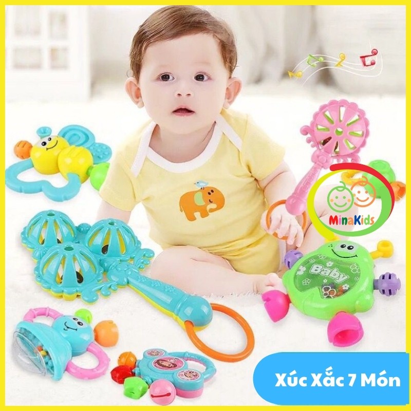 Bộ Đồ Chơi Xúc Xắc Cho Bé Sơ Sinh 7 Món Lục Lạc Gặm Nướu Cầm Tay Nhựa An Toàn Minakids XX20