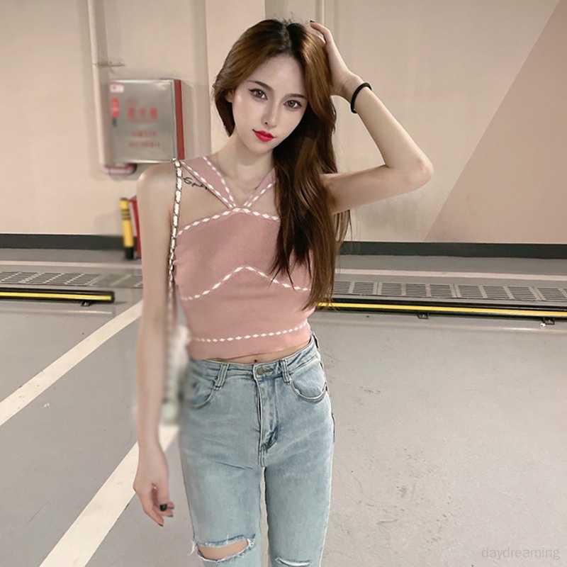 Áo Tank Top Hai Dây Dệt Kim Thoáng Khí Màu Sắc Thời Trang Cho Nữ