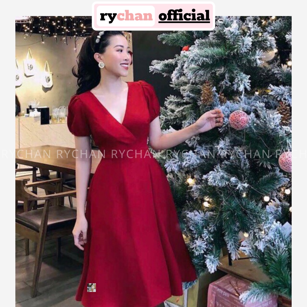 Đầm Xoè Đỏ Đắp Chéo Tay Phồng Cổ V [ẢNH THẬT CUỐI] - DX611