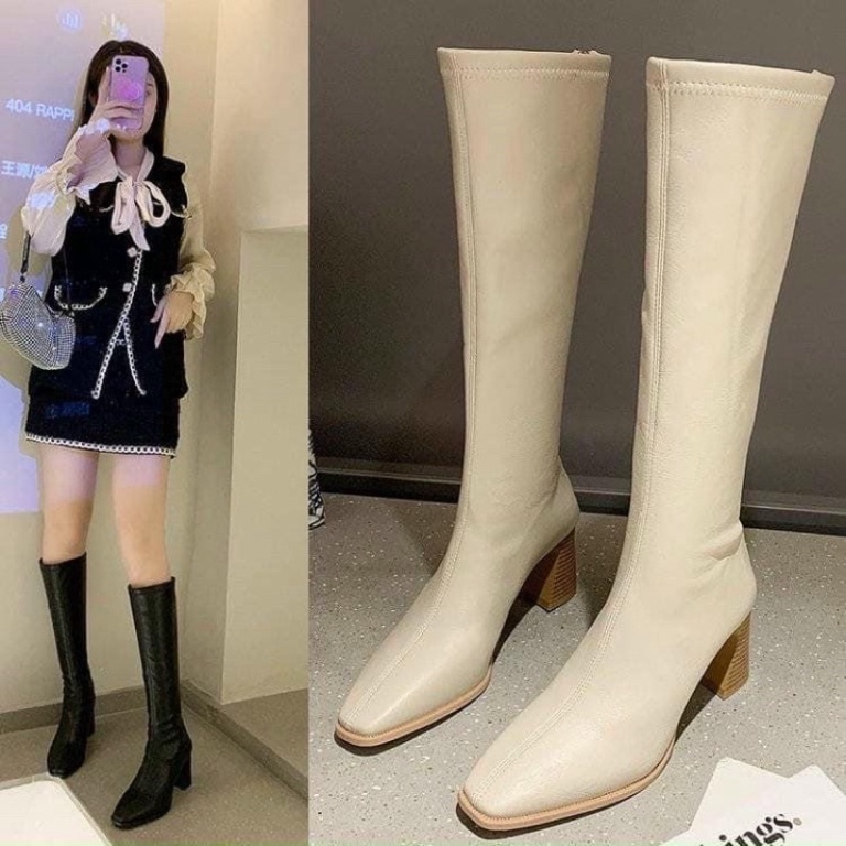 [ SẴN LOẠI 1 - FULL HỘP] bốt nữ magan boots 7 phân cao gót đế gỗ đùi dạ mềm kéo khoá sau cá tính