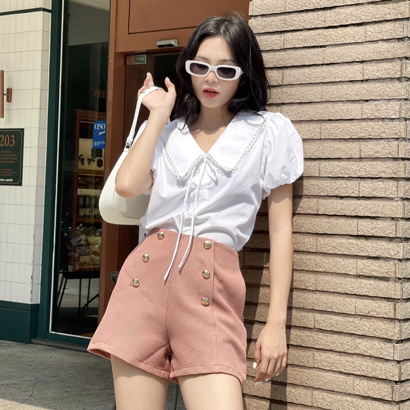 Áo sơmi cổ lá sen tay ngắn phồng trắng kate - Audrey Studio