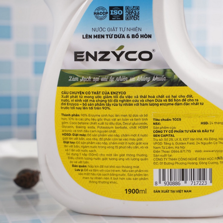 Combo 2 Chai Nước Giặt Sinh Học ENZYCO Lành Tính 90% Enzyme Lên Men Từ Dứa Bồ Hòn 1.8L