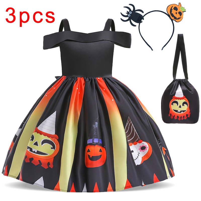 Set 3 món MQATZ Đầm công chúa Halloween có túi đựng và băng đô dành cho bé gái