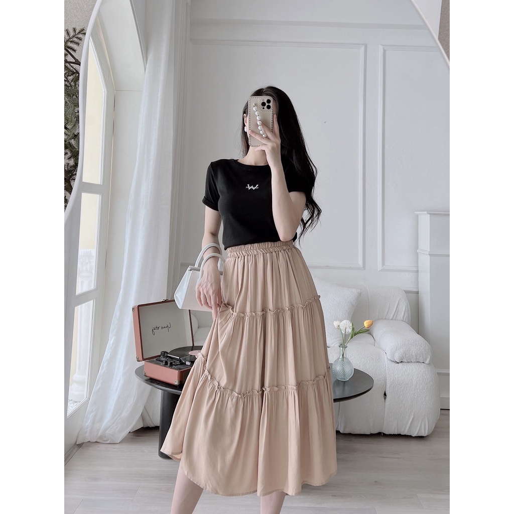 Chân váy cạp chun dài vải tằm xước co giãn mix áo phông áo sơ mi croptop siêu đẹp EvaClothes