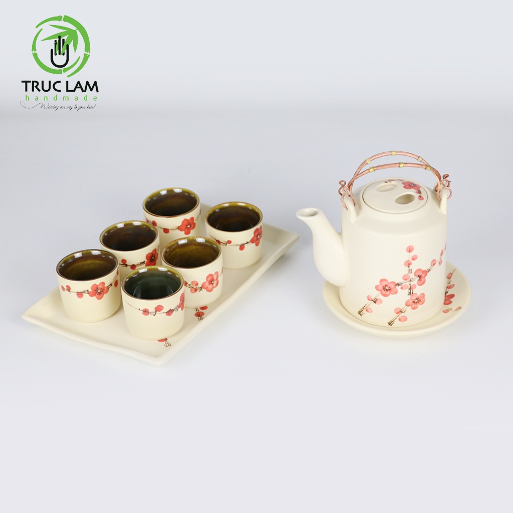 Bộ Ấm Chén Pha Trà Gốm Sứ Bát Tràng Họa Tiết Hoa Đào - Trúc Lâm Handmade