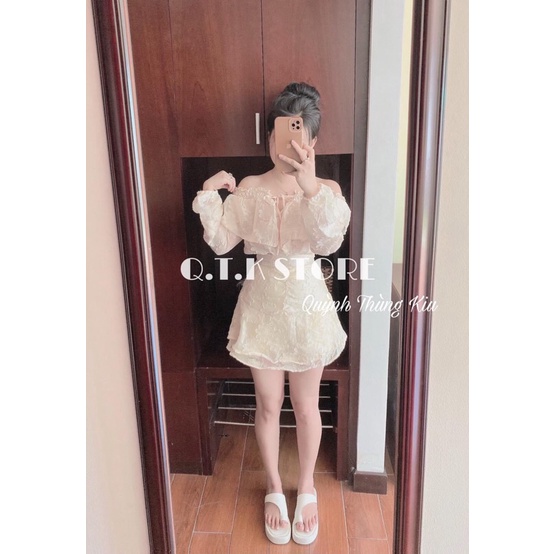 Set áo nude hoa nổi bo chun vai + chân váy