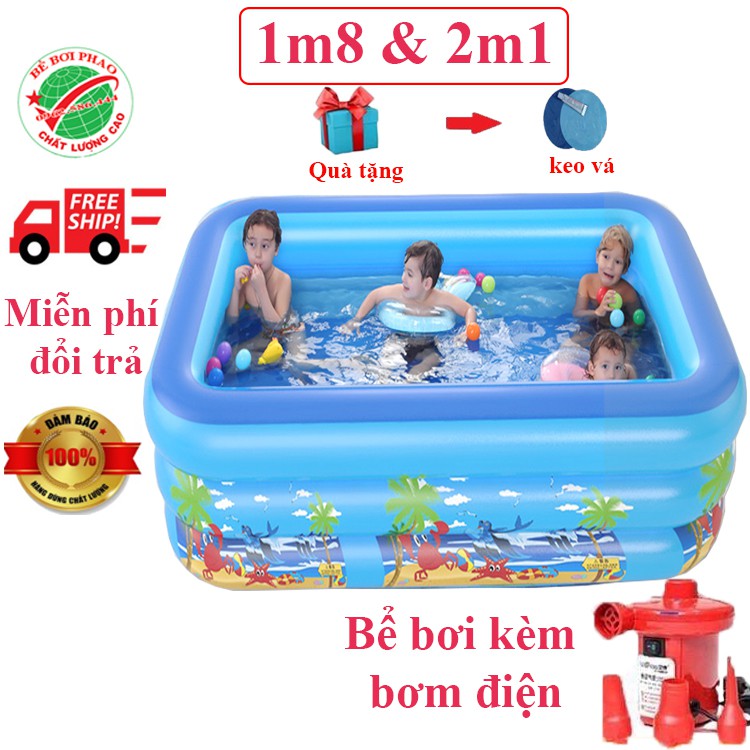 Bể bơi phao cho bé kích 1m8  và 2m1 - 3 Tầng, bể bơi bơm hơi có đáy chống trơn, tặng kèm bộ keo vá