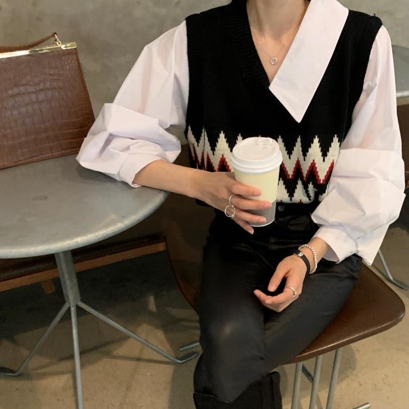 Áo dệt kim tay phồng cổ chữ v phong cách retro | BigBuy360 - bigbuy360.vn