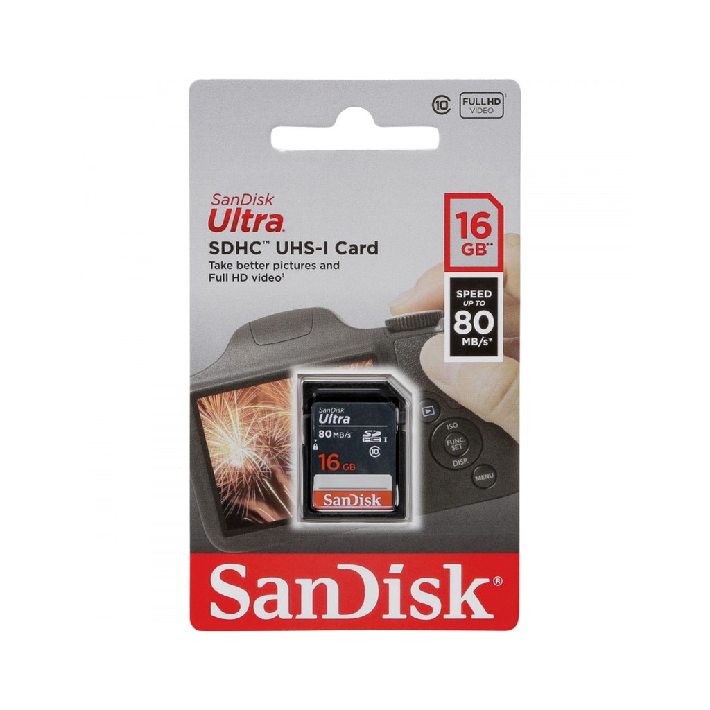 Thẻ nhớ SDHC Sandisk Ultra 16GB upto 80MB/s UHS-I (cho máy ảnh) - Hãng phân phối chính thức