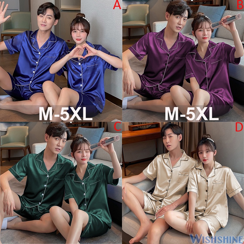 Bộ Đồ Ngủ Vải Lụa Satin Tay Ngắn Plus Size M-5XL Thời Trang Hàn Quốc Cho Nam Và Nữ
