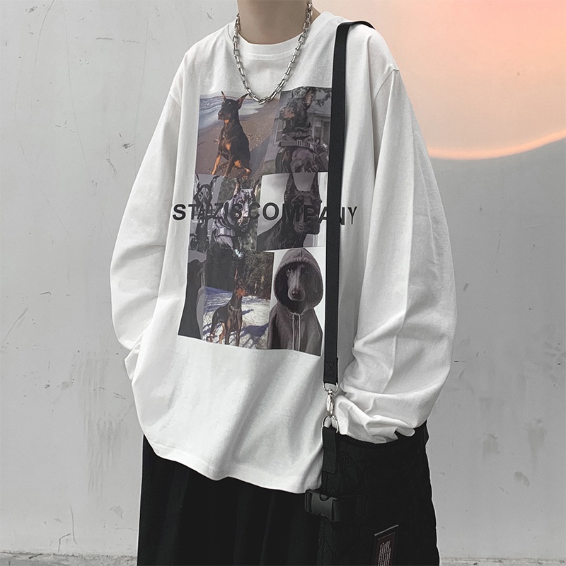 Áo thun tay dài dáng rộng in họa tiết hoạt hình phong cách Hàn Quốc thời trang cho nam size M-5XL