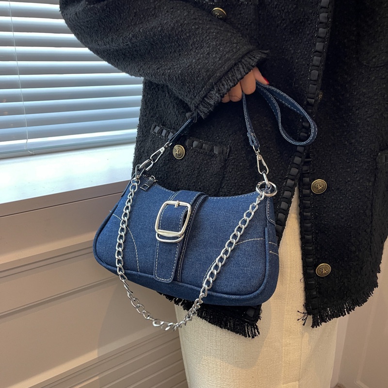 Túi đeo chéo JASMIN NOIR denim nắp gập phối dây xích cho nữ