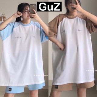 Bộ thể thao nữ cổ tròn in chữ Hàn Quốc form rộng áo thun kèm quần đùi/ Bộ nữ thể thao cộc tay 2 màu xám nâu GuZ