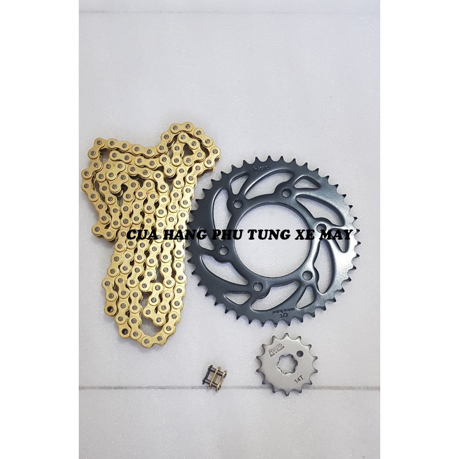 Trọn bộ sên nhông dĩa Recto xe Ex 135/ Ex 150/ Winner 150/ Raider/ Sonic ( sên vàng 9 li Mã Lai )