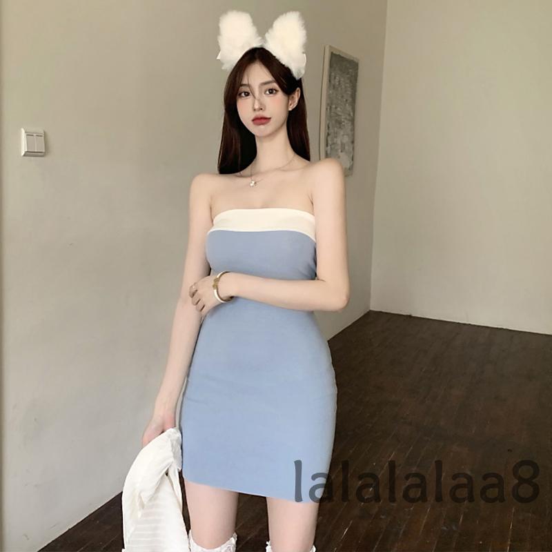 LAA8-Women´s Fashion Strapless Contrast Color Slim Fit Knitted Tube Dress