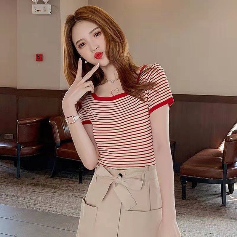 Áo Thun cotton Ngắn Tay Họa Tiết Kẻ Sọc Hàn Quốc Áo phông Nữ NZ-TX-386